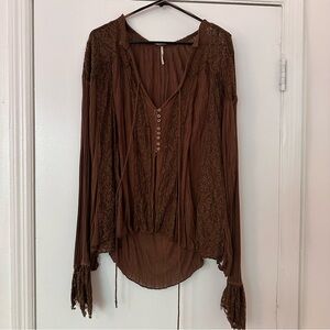Free People Chocolate Brown Lace-Trim Peasant Blouse